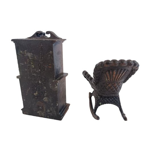 Vintage 1970's Bronze Die Cast Dollhouse Miniature 3" Cabinet & 2" Rocking Chair - Picture 6 of 8
